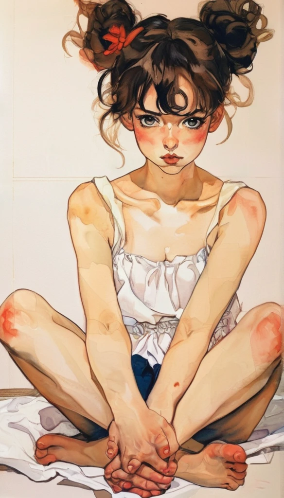 Modernism Art, Kawaii anime, Dirty Girl, Sitting with hands around ankles, Egon Schiele, Emo Art, otherworldly, portrait art by Jakub Rebelka