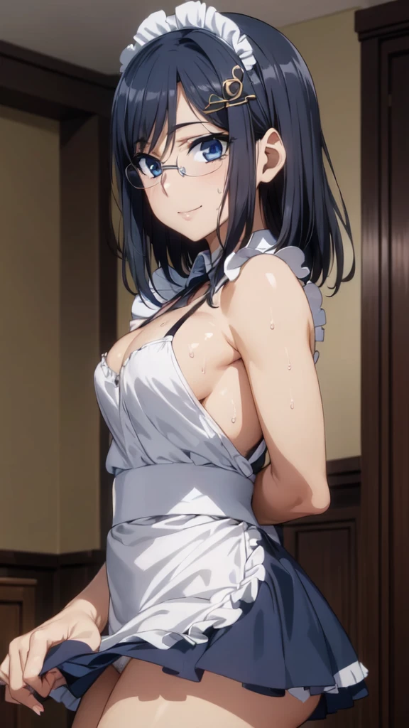 (From the side:1.3),One Girl,18-year-old,(Perfect hands:1.3), Perfect Fingers,Perfect Anatomy, (masterpiece:1.4), Highest quality,Realistic, hyperRealistic, 16k hdr, morning, short hair,Put your arms behind your back,(Aesthetic Anime Eyes:1.4),Condescending eyes,Beautiful Eyes,(Beautiful female hands:1.3),Small hands,(Thin fingers:1.3), (Navy Blue Hair), blue eyes, Glasses,Something like that, Cafe,Are standing,(Sweat:1.3),(smile:1.2),Big Breasts,Cleavage,(Sexy maid outfit,Head ornament:1.2),Ultra mini skirt,Frills,Sexy maid outfit,White panties,raise one leg slightly,