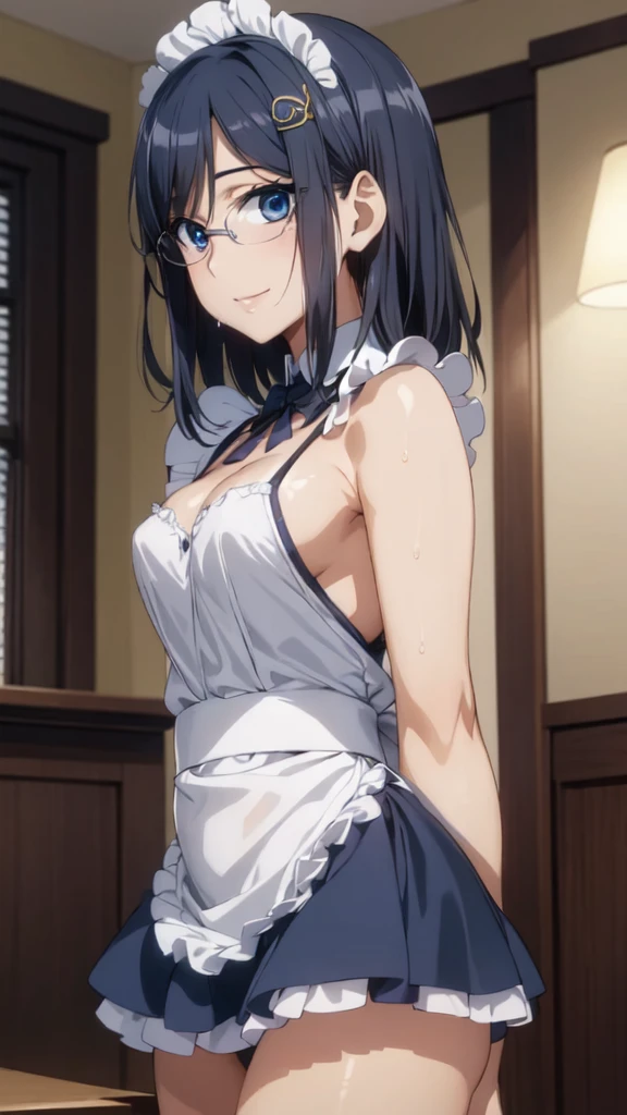 (From the side:1.3),One Girl,18-year-old,(Perfect hands:1.3), Perfect Fingers,Perfect Anatomy, (masterpiece:1.4), Highest quality,Realistic, hyperRealistic, 16k hdr, morning, short hair,Put your arms behind your back,(Aesthetic Anime Eyes:1.4),Condescending eyes,Beautiful Eyes,(Beautiful female hands:1.3),Small hands,(Thin fingers:1.3), (Navy Blue Hair), blue eyes, Glasses,Something like that, Cafe,Are standing,(Sweat:1.3),(smile:1.2),Big Breasts,Cleavage,(Sexy maid outfit,Head ornament:1.2),Ultra mini skirt,Frills,Sexy maid outfit,White panties,raise one leg slightly,
