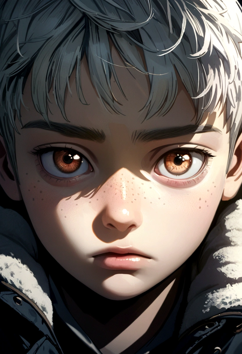 a cold, 17-year-old russian boy, white hair, freckles, cute, anime, 8k, highly detailed, photorealistic portrait, striking eyes, detailed facial features, expressive, moody lighting, dramatic shadows, cold color palette