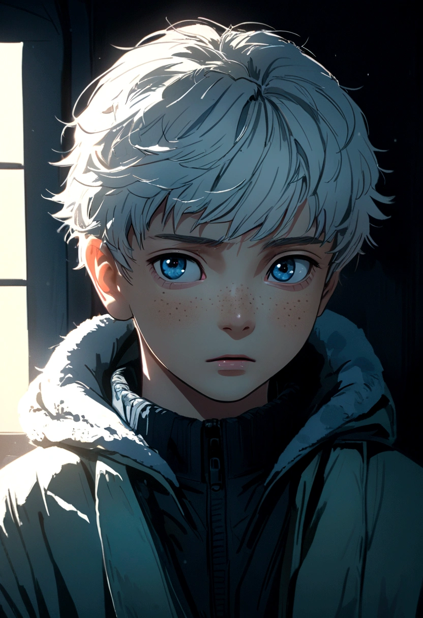 a cold, 17-year-old russian boy, white hair, freckles, cute, anime, 8k, highly detailed, photorealistic portrait, striking eyes, detailed facial features, expressive, moody lighting, dramatic shadows, cold color palette