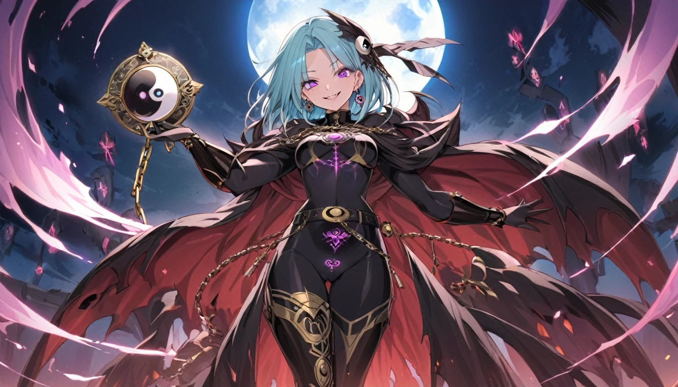satou kuuki, Embracing dark aura, pubic tattoo, glowing tattoo, 1girl, thigh high boots, medium hair, Feeling magical energy, octagonal yin yang mirror, cape, forehead accessory, runes, evil smile, stand-up collar, black body suit, at midnight, Holding a symbol of faith, purple eye, sky blue hair, gold decoration, evil eye decoration, moon, earring, chains, belt, yin yang, skirt, beautiful art, high res, perfect face, detailed outfit