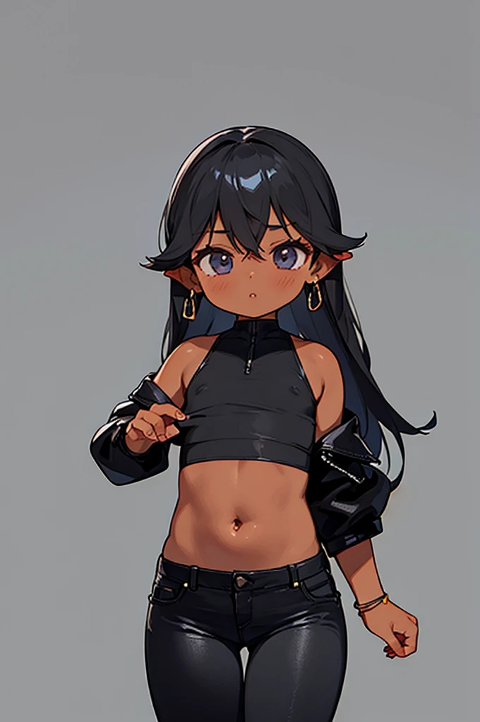 1 female, dark skin, slanty eyes, loop earings, long black straight hair, skimpy dress, black leather jacket crop top, Tight jeans, slim waist, fiesty look, Masterpiece, 4k, University background.