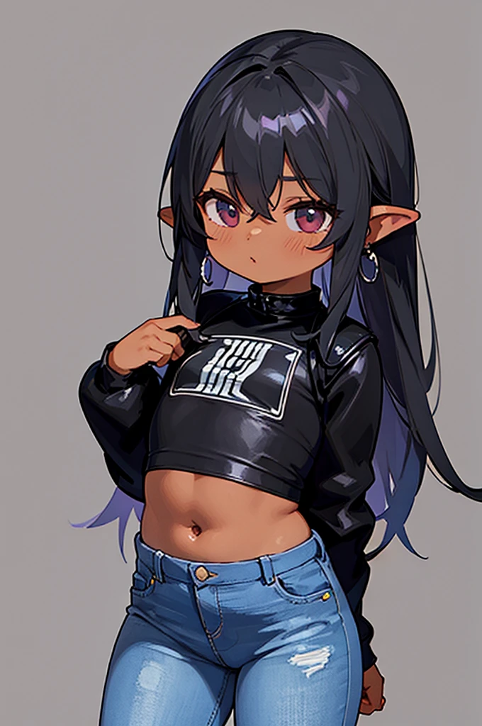 1 female, dark skin, slanty eyes, loop earings, long black straight hair, skimpy dress, black leather jacket crop top, Tight jeans, slim waist, fiesty look, Masterpiece, 4k, University background.