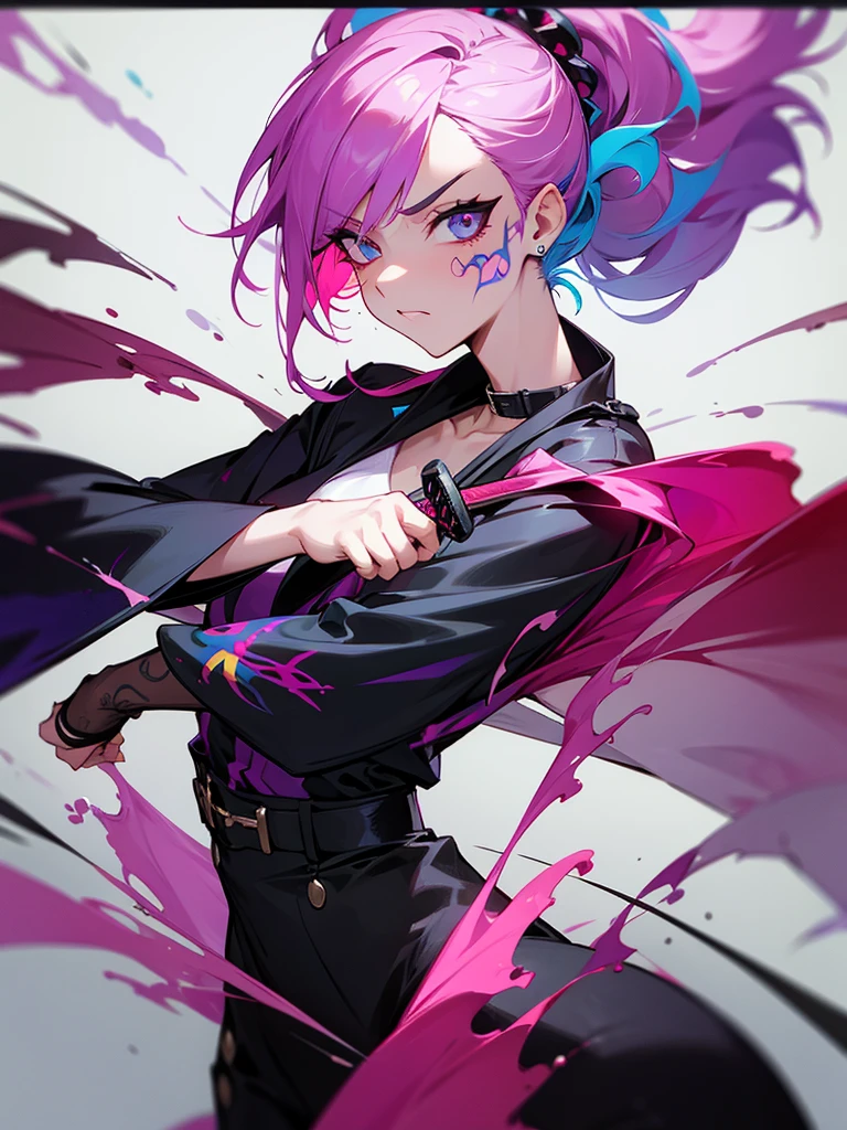 1 woman, wearing a stylish and edgy outfit, the color palette is mainly dark with splashes of vibrant colors, tailored white shirts, fashionable, woman, vibrant, outfit, colorful, accessory, majestic, sharp focus, modern, determined expression, closed one eye, disgusted face, embarrassed, Ink wash painting background, geometry tattoo, (cinematic), elaborate, katana, pose, collarbone,