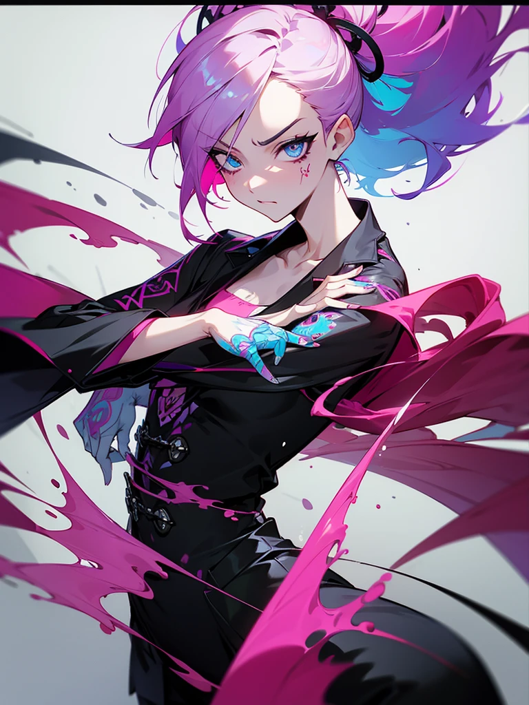 1 woman, wearing a stylish and edgy outfit, the color palette is mainly dark with splashes of vibrant colors, tailored white shirts, fashionable, woman, vibrant, outfit, colorful, accessory, majestic, sharp focus, modern, determined expression, closed one eye, disgusted face, embarrassed, Ink wash painting background, geometry tattoo, (cinematic), elaborate, katana, pose, collarbone,