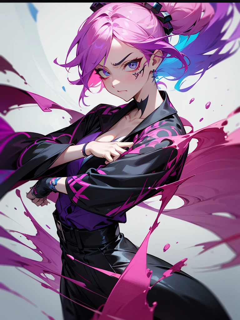 1 woman, wearing a stylish and edgy outfit, the color palette is mainly dark with splashes of vibrant colors, tailored white shirts, fashionable, woman, vibrant, outfit, colorful, accessory, majestic, sharp focus, modern, determined expression, closed one eye, disgusted face, embarrassed, Ink wash painting background, geometry tattoo, (cinematic), elaborate, katana, pose, collarbone,
