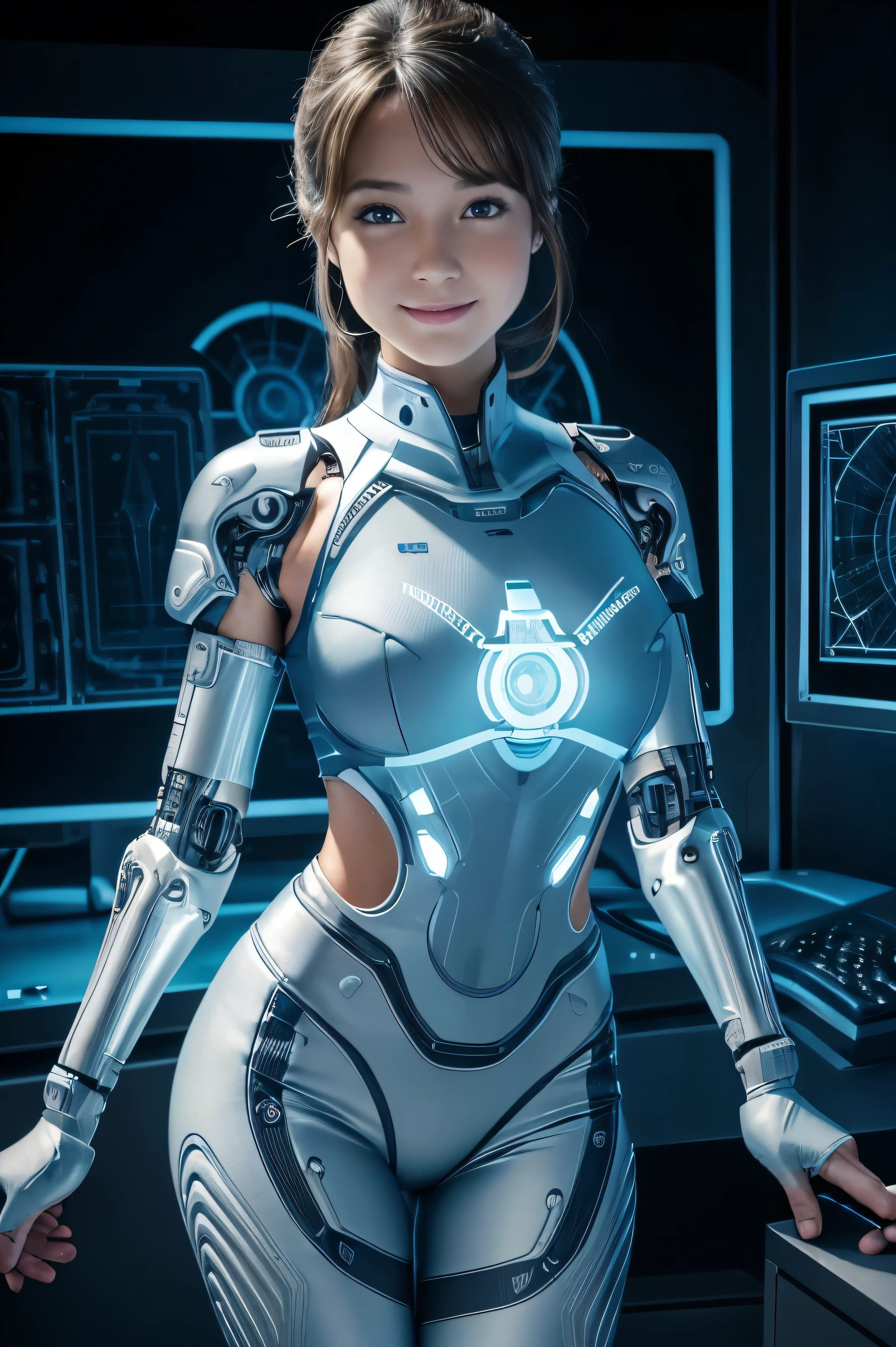 NFSW,(highest quality, High resolution, masterpiece:1.2), Very detailed, Realistic:1.37, (Perfect Anatomy),1 girl, actress, Cowboy Shot, Cute and beautiful young gir, very cute face,smile,Standing posture,Laughter,(Beautiful eyes),Beautiful Skin,Detailed facial features,(Detatail sports weare shirts and leggins1.5),(The background is the interior of a cyborg operating room and a monitor screen)..