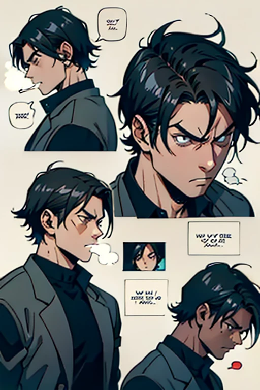 Guy with short black hair smoking and angry, manga page with panels and dialogue
