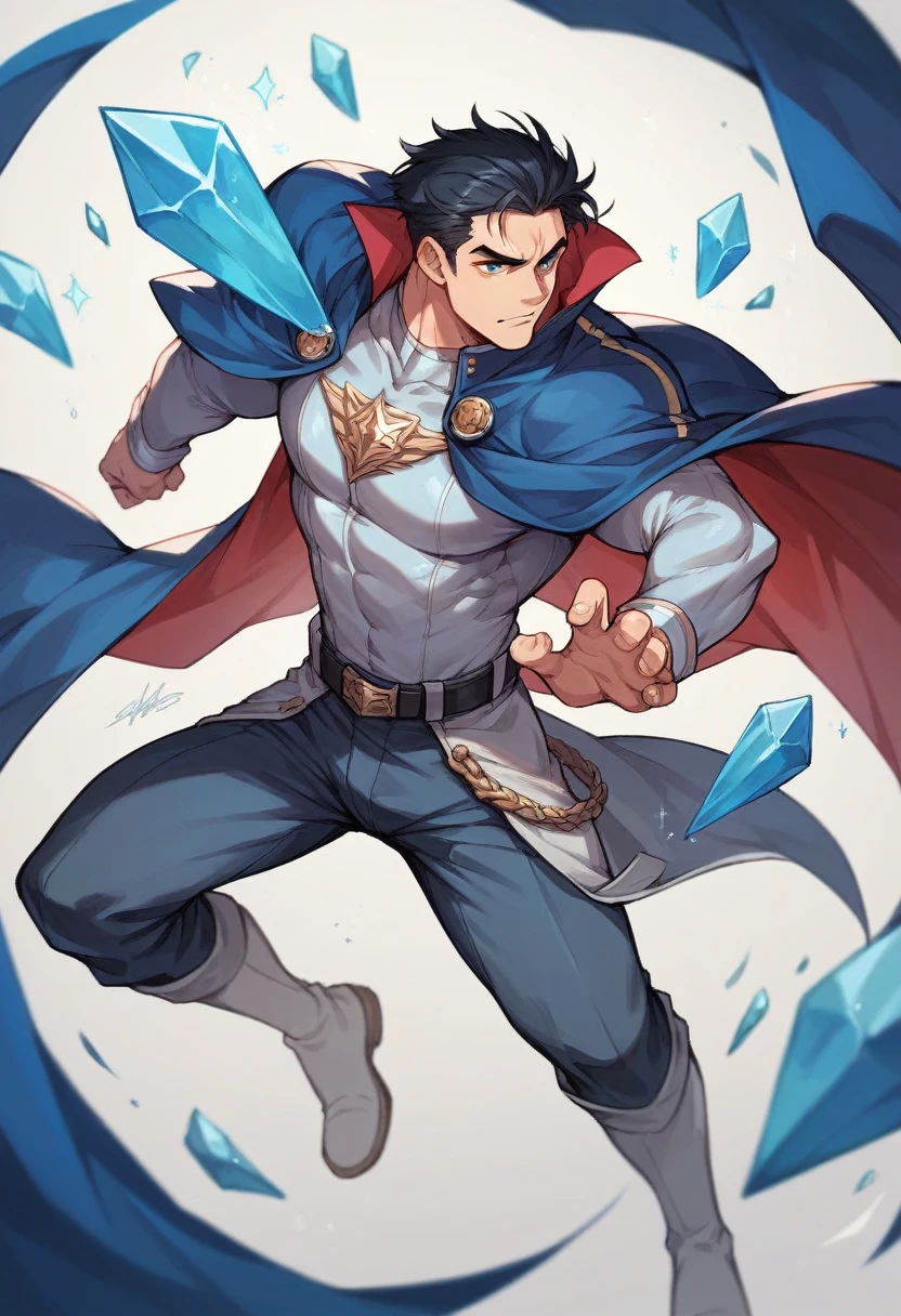 tall hero with a super strong cape with black hair, shiny silver uniform with blue crystals on the chest