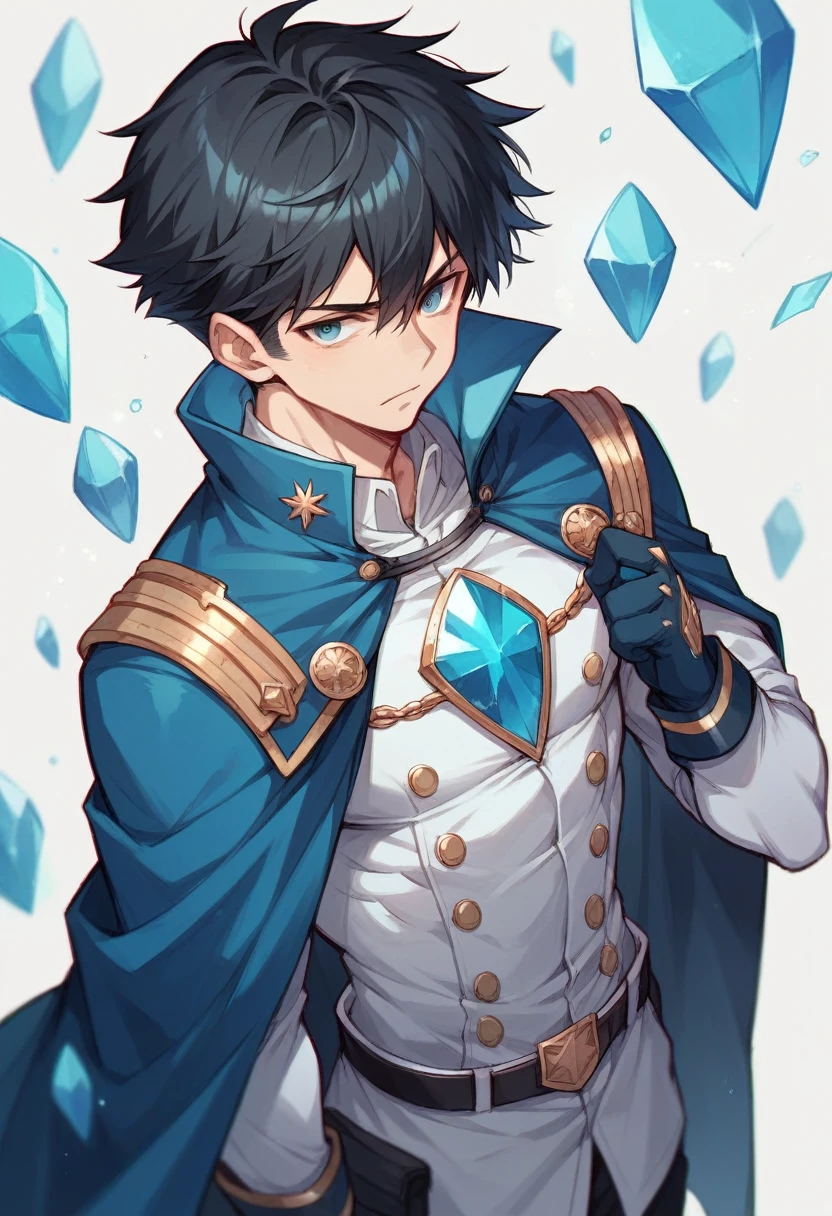 tall hero with a super strong cape with black hair, shiny silver uniform with blue crystals on the chest