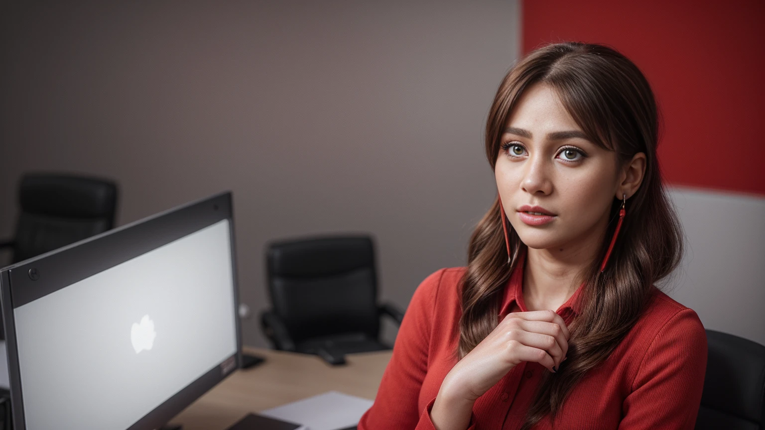 a focused customer service representative, sharp eyes, professional attire, office setting, 8k, masterpiece, RAW photo, best quality, photorealistic, extremely detailed CG unity 8k wallpaper, Depth of field, Cinematic Light, Lens Flare, Ray tracing, (extremely beautiful face, beautiful lips, beautiful eyes), intricate detail face, ((ultra detailed skin)), ((1girl:1.9)), ((alone:1.9)), ((19years old)), (beautiful and aesthetic:1.2), deep shadow, (sharp focus), [(((Raiana-Elizabeth-Dilla:1.9)))], pretty girl, (stylish ((red:1.5)) clothes), (modern office background:1.9), (shiny skin), clear eyes, (pale skin), (((eyes-view:1.9))), (((extreme-close-up:1.9, cinematic shot))),  soft lighting, (flowing dark-black hair), (((looking at viewer:1.9))), highly detailed, ultra realistic, extremely detailed and realistic ((red:1.5)) clothes.
