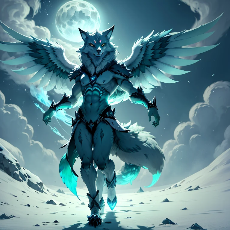 (1 wolf) full body, a blue eyes light green wolf, a winged four pointy feathered ears wind wolf with feathers and wind, light green feathers, feathered wings, wind energy around, sky background