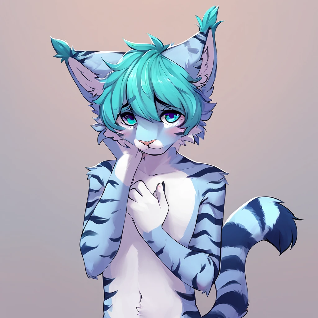 adult, feline, mammal, anthro, anthromorphic, cat, striped, fur, furred_anthro, femboy, male, blue, ear_tufts, purple, paws, hair_tuft, hair_between_eyes, long_tail, fluffy, expressive_eyes, blue/teal_hair, light looking_at_viewer, blue_fur, shy, small_pupils, spotted_pattern, stripes, tiger_stripes, digital_art, high_resolution, high_res, background shy