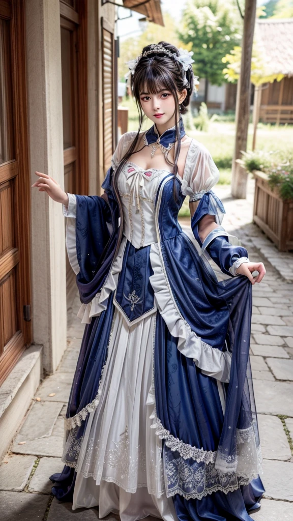 "1 belle fille en costume traditionnel, ((Dressed in&#39;a shiny blue tight-fitting suit:1.2)), 魔法发light套装, Beautiful neckline, long hair with bangs, light blue mixed with white, ((the most beautiful、The most beautiful hair accessories:1.8)), petit visage super mignon, extremely pretty face, He has two beautiful blue galaxy horns on his head., sourcils fins, the most beautiful、Le visage le plus parfait, ((dark circles in pupils:0.8)), very beautiful eyes, ((Silver brown eyes:1)), Eyeshadow makeup is full of&#39;humidity，Extremely eye-catching, Furry beautiful detailed makeup eyelashes, Mince, Well-proportioned limbs, high nose, loops of&#39;ears,thin lips, light red lips, Don&#39;t laugh, beautiful lips, thin arms, the most beautiful的大腿, healthy limbs, visage rose, clean face, beau visage sans imperfections, light滑白皙的皮肤, ((Both breasts are very round and big: 1.6)), ((Put on girl&#39;arms behind the back:1.5)), whole body&#39;une belle fille, 8K photo, super High quality, surrealist, 10x superpixels, Real photo, Studio sombre, border light, two-tone lighting color, (highly detailed skin: 1.2), 8K ultra, soft light, High quality, volumetric light, frank, photo, high resolution, light, best photo, 4k quality, 8K, bokeh, light滑锐利, Imageisation 10x, (Background&#39;espace galaxie: 1.7), 极light, lightning, great graphics, the most realistic graphics, alone, alone, ((portrait:1.6)), Extremely sharp, image surrealist."