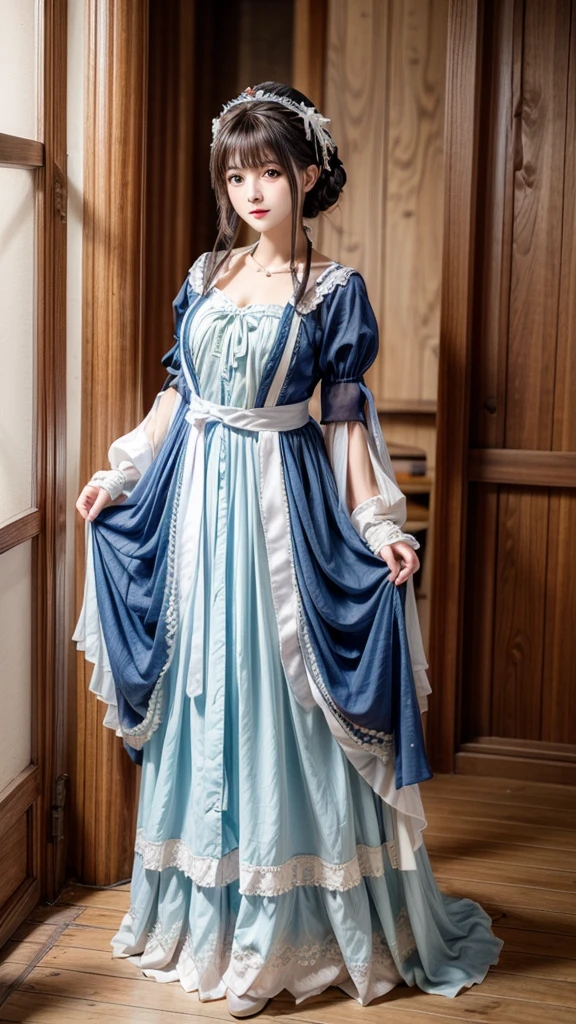 "1 belle fille en costume traditionnel, ((Dressed in&#39;a shiny blue tight-fitting suit:1.2)), 魔法发light套装, Beautiful neckline, long hair with bangs, light blue mixed with white, ((the most beautiful、The most beautiful hair accessories:1.8)), petit visage super mignon, extremely pretty face, He has two beautiful blue galaxy horns on his head., sourcils fins, the most beautiful、Le visage le plus parfait, ((dark circles in pupils:0.8)), very beautiful eyes, ((Silver brown eyes:1)), Eyeshadow makeup is full of&#39;humidity，Extremely eye-catching, Furry beautiful detailed makeup eyelashes, Mince, Well-proportioned limbs, high nose, loops of&#39;ears,thin lips, light red lips, Don&#39;t laugh, beautiful lips, thin arms, the most beautiful的大腿, healthy limbs, visage rose, clean face, beau visage sans imperfections, light滑白皙的皮肤, ((Both breasts are very round and big: 1.6)), ((Put on girl&#39;arms behind the back:1.5)), whole body&#39;une belle fille, 8K photo, super High quality, surrealist, 10x superpixels, Real photo, Studio sombre, border light, two-tone lighting color, (highly detailed skin: 1.2), 8K ultra, soft light, High quality, volumetric light, frank, photo, high resolution, light, best photo, 4k quality, 8K, bokeh, light滑锐利, Imageisation 10x, (Background&#39;espace galaxie: 1.7), 极light, lightning, great graphics, the most realistic graphics, alone, alone, ((portrait:1.6)), Extremely sharp, image surrealist."