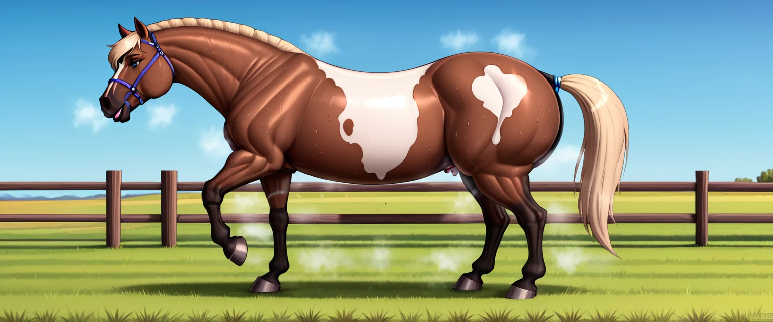 a very full figured very black skinned nude African woman riding a big Belgian draft horse mare (side view). big bum. very short tail. horse facing horizon . flat grass meadow. steaming horse dung behind horse. cloudless blue sky.
