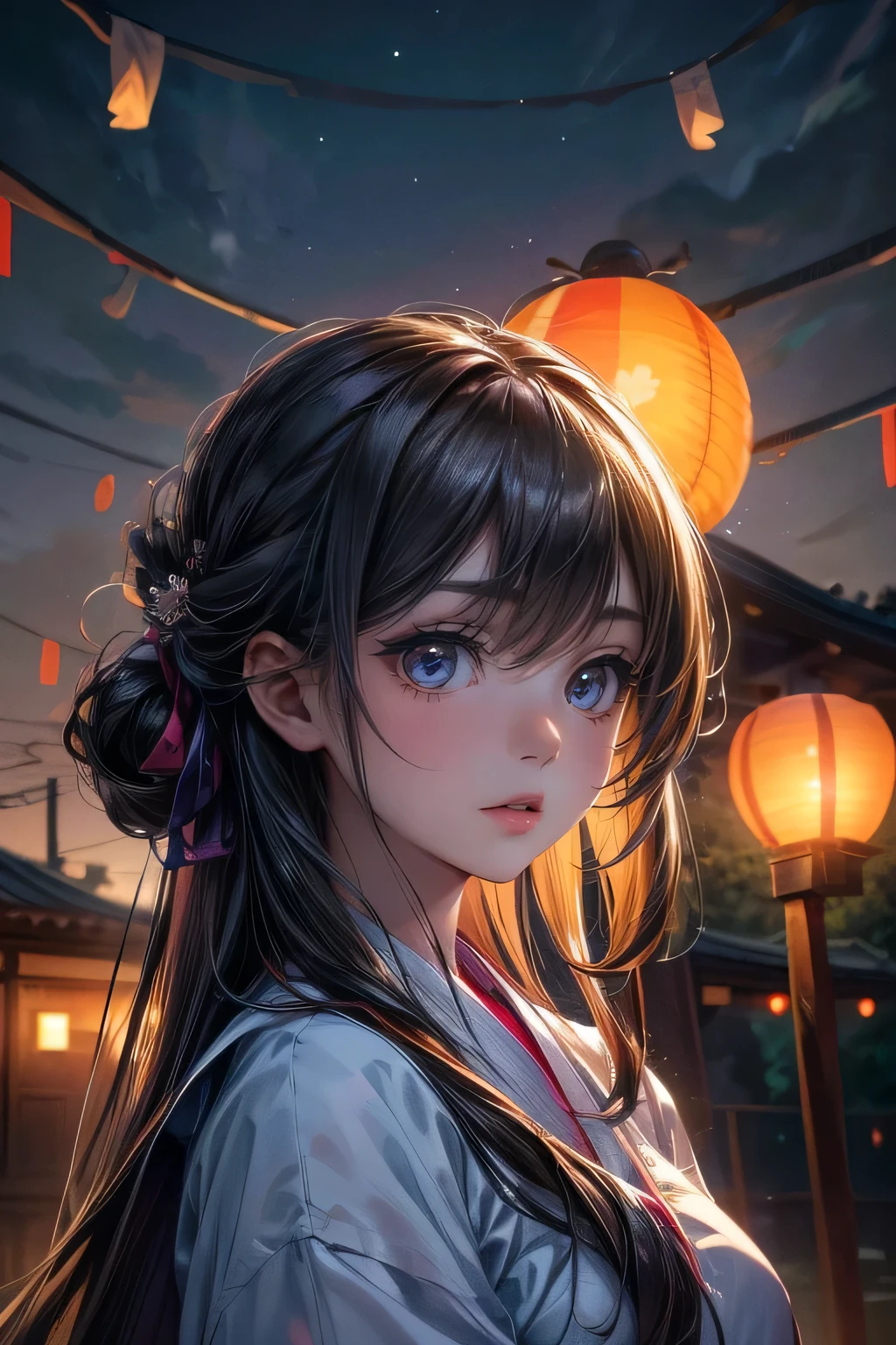 masterpiece:1.2, highest quality,16k,highres,ultra-detailed, ultra-realistic, photo-realistic:1.37, beautiful cute girl looking up at the night sky, flowing yukata, updo, sky-lantern festival, Sky-lanterns, a fantastic sight where countless sky-lanterns decorate the night sky, dark moody atmosphere, night sky, dark tones, floating sky-lanterns, soft lighting, serene, atmospheric, whimsical, dreamlike, magical realism, long flowing hair, through bangs, Beautiful attention to detail, Beautiful lip detail, Highly detailed face, detailed facial features, long eyelash, shining eyes, cute girl