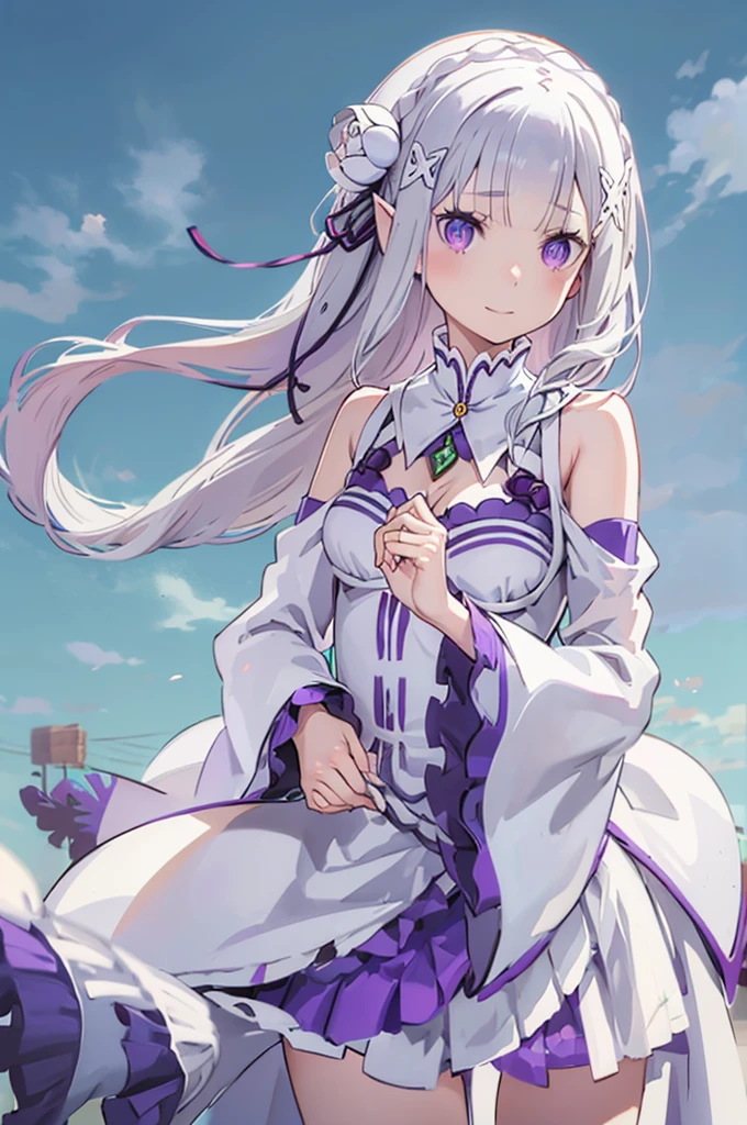 emilia, 
Rezero emilia, 
1girl, 
best illustration, masterpiece, best quality, high resolution, (official art:0.8), 
perfect anatomy, nice hands, perfect hands, BREAK long hair, low-tied long hair, braid, crown braid,
white hair, 
(purple eyes:1.2), (beautiful detailed eyes:1.6),
looking at viewer, 
pointy ears,
BREAK smile, 
dress, pink dress, BREAK bare shoulders, detached collar, long sleeves, shoulder cutout, wide sleeves, white sleeves, 
medium breasts, 
zettai ryouiki, 
flower, hair flower, hair ornament, hair ribbon,   white flower, x hair ornament,
cowboy shot , 
background of outdoor,