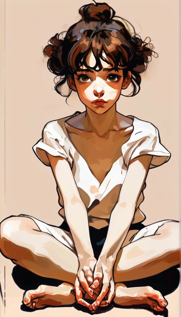 Modernism Art, Kawaii anime, Dirty Girl, Sitting with hands around ankles, Egon Schiele, Emo Art, otherworldly, portrait art by Jakub Rebelka