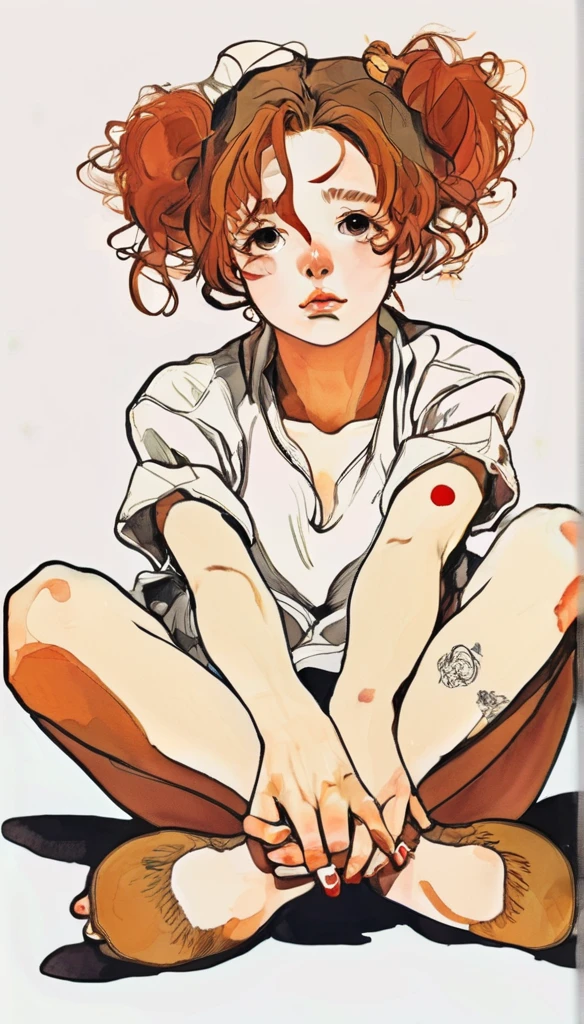Modernism Art, Kawaii anime, Dirty Girl, Sitting with hands around ankles, Egon Schiele, Emo Art, otherworldly, portrait art by Jakub Rebelka