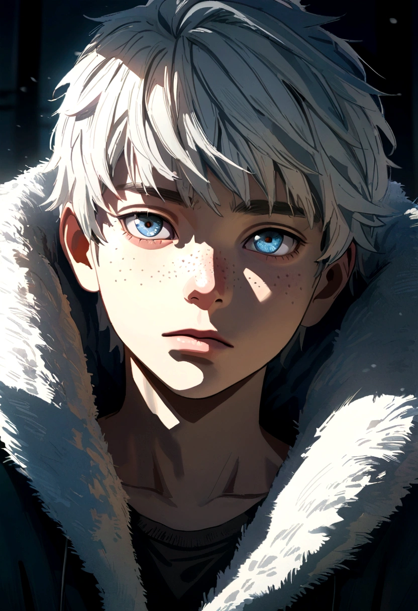 a cold, 17-year-old russian boy, white hair, freckles, cute, anime, 8k, highly detailed, photorealistic portrait, striking eyes, detailed facial features, expressive, moody lighting, dramatic shadows, cold color palette