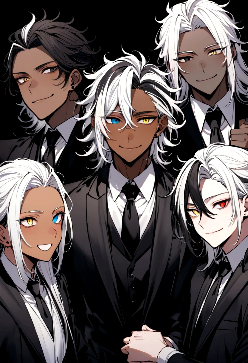 In black formal wear with a tie, yellow and black eyes heterochromia , expression with a slight smile, Messy hair , Medium length hair , masculine , multicolored black and white hair , two tone hair , dark skin color, while at a party