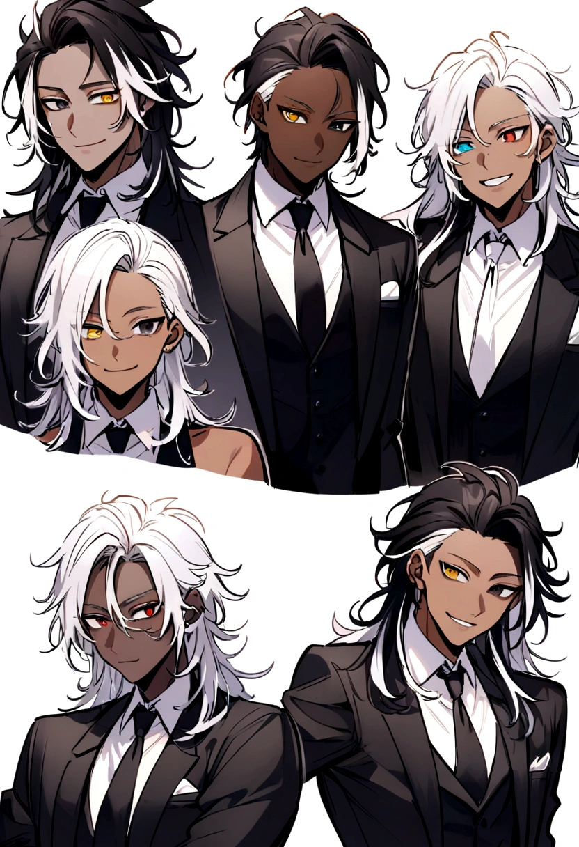In black formal wear with a tie, yellow and black eyes heterochromia , expression with a slight smile, Messy hair , Medium length hair , masculine , multicolored black and white hair , two tone hair , dark skin color, while at a party