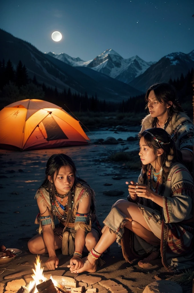 A couple of Apache Indians with feathers dancing around the campfire with spirits and lights at night, full moon with wolf and owl and eagles, mountains and tents on the edge of a river