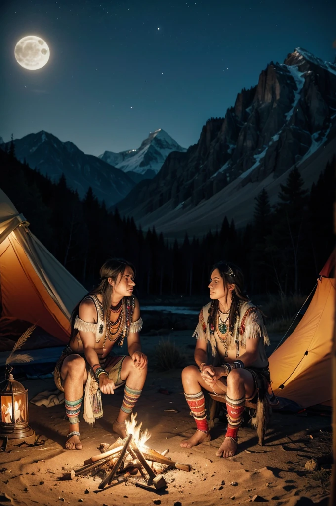 A couple of Apache Indians with feathers dancing around the campfire with spirits and lights at night, full moon with wolf and owl and eagles, mountains and tents on the edge of a river 