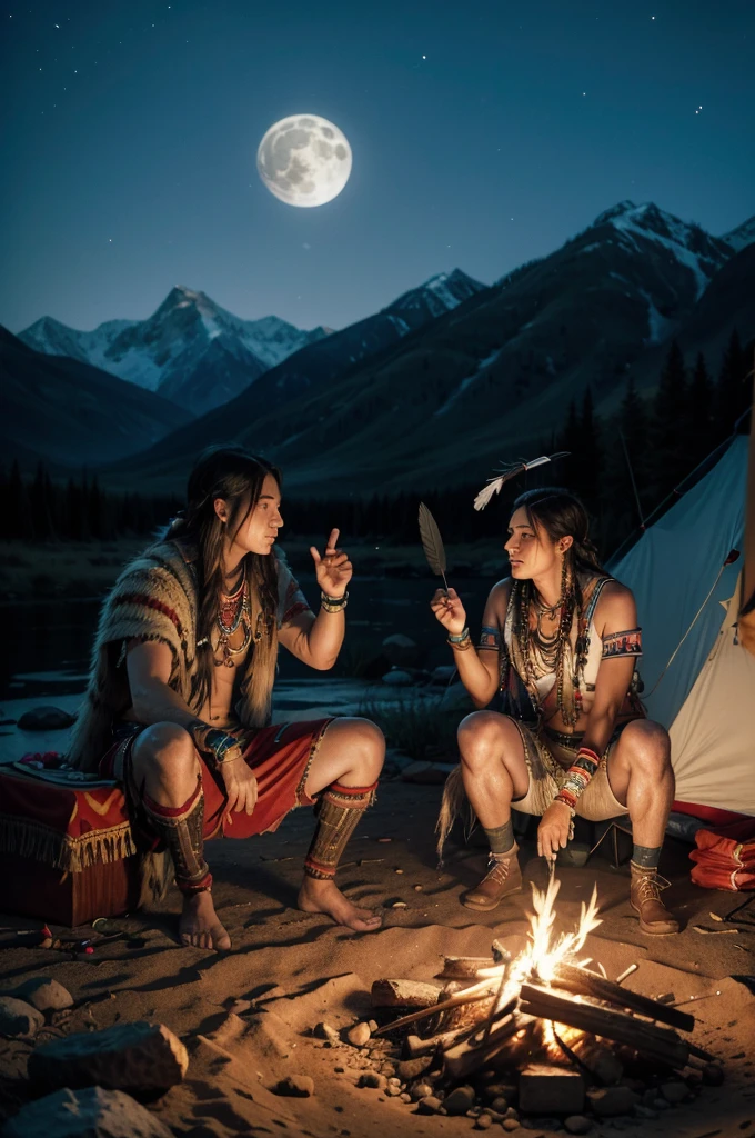 A couple of Apache Indians with feathers dancing around the campfire with spirits and lights at night, full moon with wolf and owl and eagles, mountains and tents on the edge of a river