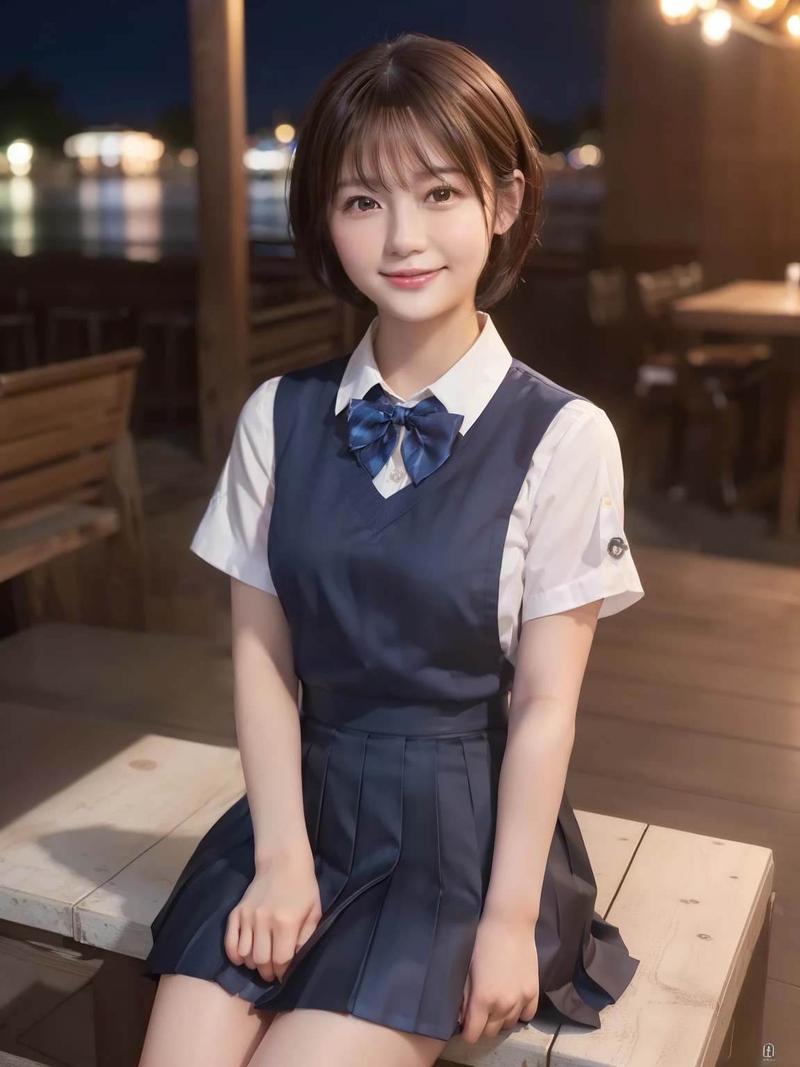(8K, RAW Photos, Highest quality, masterpiece: 1.2), (Realistic, photoRealistic: 1.37), Ultra-high resolution, One Girl, cute, alone, Beautiful sky, Detailed Cafe, night, Sitting, Date, (Blusher), (smile: 1.1), (Closed), big, Beautiful Eyes, (Collared shirt: 1.1), bow tie, Pleated skirt, (short hair: 1.2), Floating Hair