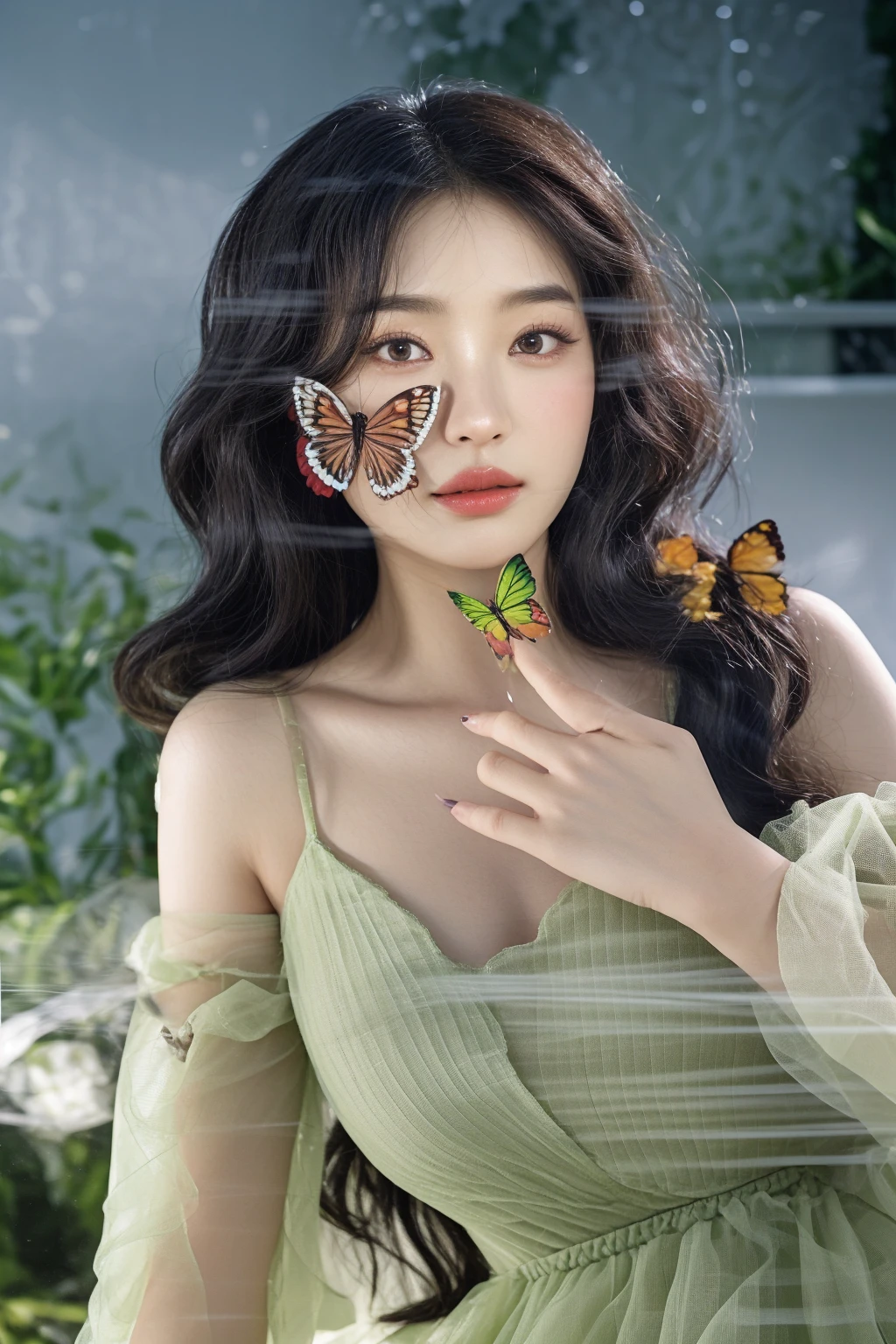 there is a woman with a butterfly on her nose and a green dress, korean artist, song hye - kyo, jiyun chae, kim hyun joo, inspired by Jung Park, harmony of butterfly, shin min jeong, taejune kim, heonhwa choe, inspired by Jeong Seon, jingna zhang, park ji-min, portrait of female korean idol