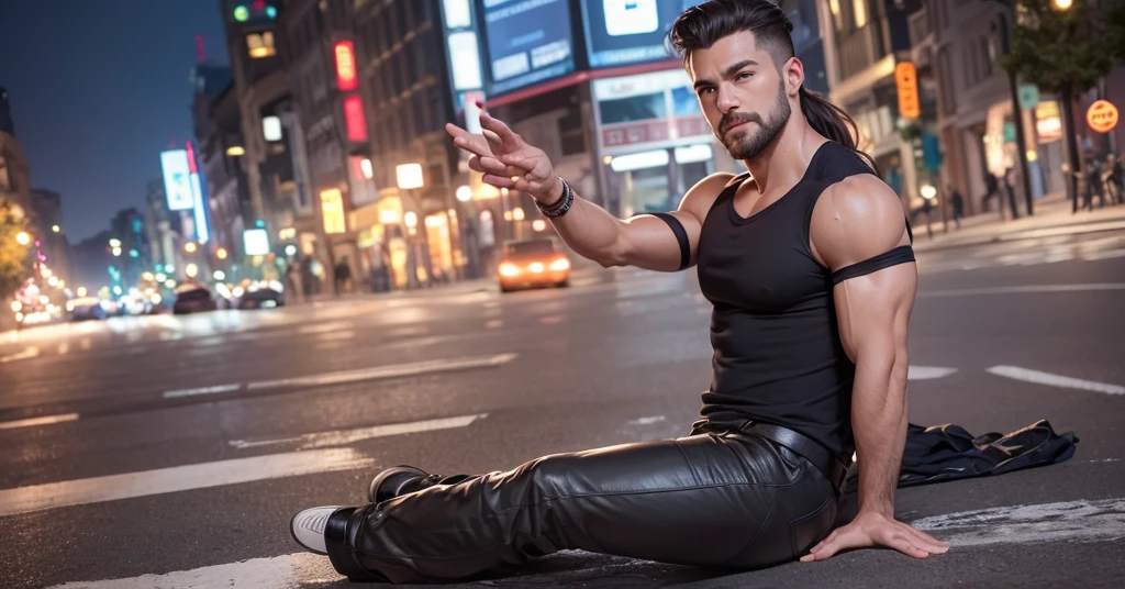 (8k), (best quality), (masterpiece:1.2), (realistic), (photorealistic:1.37), ultra-detailed, 1 a man caucasian, detailed face, (, (t-shirt), ((night street background)), (stands straight), ((perfect male body, skin dentation)), mature man milf, narrow waist, smile, (full body), sexy muscle  | ponytail | wavy, high quality, HDR, 4K, photorealistic, incredible detail of the skin, (slightly sweaty body:0.5), professional photo