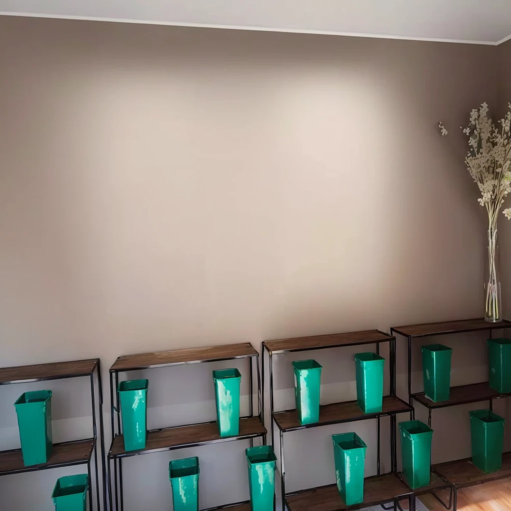 shelves with green containers and flowers in the room, put flowers in all green containers, Beautiful flowers, Adjacent tables and walls, Neat and tidy, Painting the wall, rare room, sand colored walls, workshop with white wall, green walls, Displayed on walls, light brown wall, high light on the left, green wall, Turquoise studio background, wide screenshot, Flower shop design project, Lots of flowers