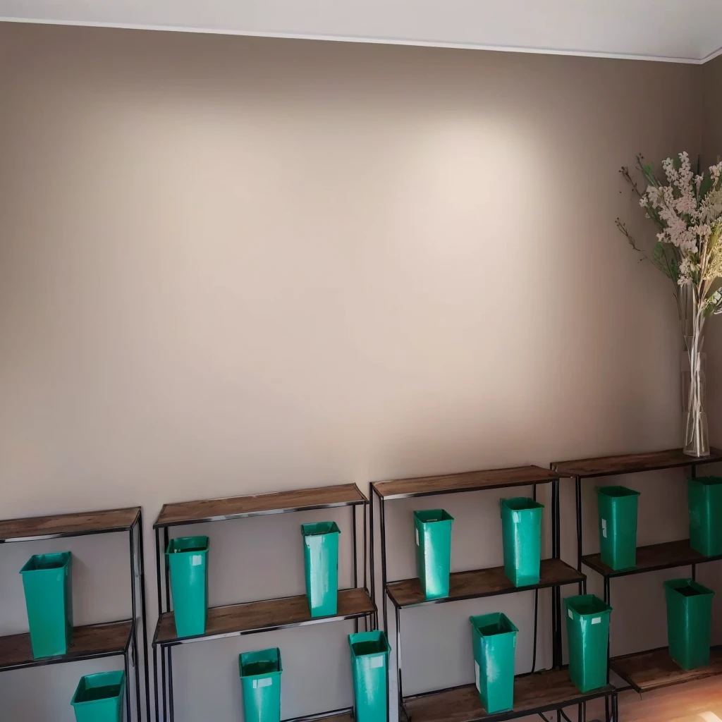 shelves with green containers and flowers in the room, put flowers in all green containers, Beautiful flowers, Adjacent tables and walls, Neat and tidy, Painting the wall, rare room, sand colored walls, workshop with white wall, green walls, Displayed on walls, light brown wall, high light on the left, green wall, Turquoise studio background, wide screenshot, Flower shop design project, Lots of flowers