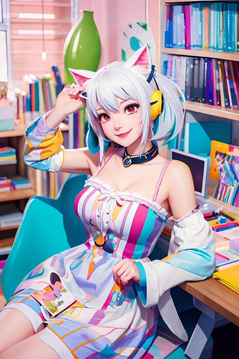 Colorful hair and colorful dress in anime ((cat-eared 1girl)),   pastel vivid, rossdraws cartoon vivid, anime style 4k, beautiful anime portrait, artgerm colorful!!!、! dream art germ, beautiful anime, cat ear 1girl, anime style digital art, anime art wallpaper 4k, anime art wallpaper 4k, digital anime art, highly detailed art germ, ,  full body, sitting in her office, white hair, front view, smirking,