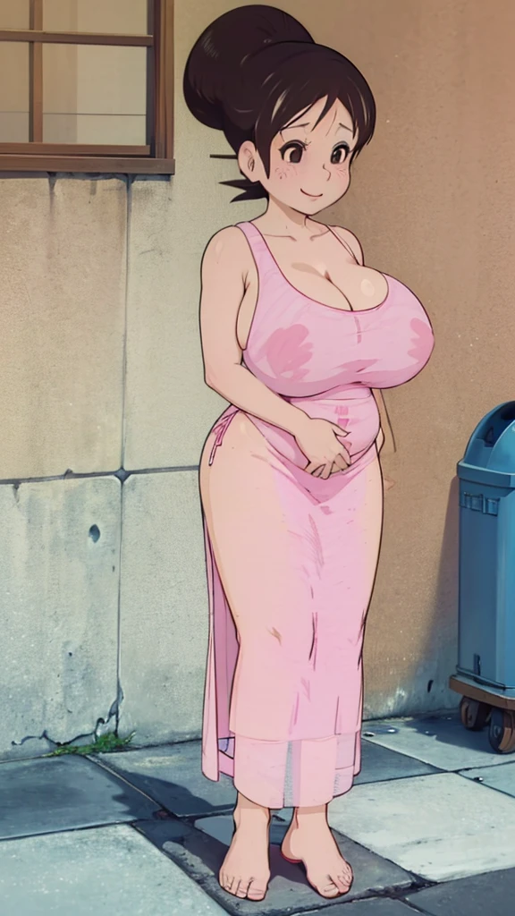 Misae Nohara, retro art style,(Auntie:1.5), (Mature Woman:1.5), (absurderes, 8K, 4K, masutepiece, hyper extreme detailed:1.2), Best Quality, Perfect Anatomy,Perfect face,High humidity, (Huge breasts:1.7), (A sheer pink nightgown:1.4), (Wet:1.2), (.Alley:1.3), Graffitied wall, Garbage can, Scattered trash, (alone:1.5), (Brown eyes:1.2), (Clothing is revealing:1.2), Exposed shoulders, Torn clothes, Are pregnant, Firm breasts, Upturned nipples, Showing cleavage, Mole on chest, (Thick armpit hair:1.4), (blush:1.2), A kind smile, relief, peace of mind, (maternal:1.3), (Gentle look:1.5), Smiling face, (Outdoor:1.5), (Out:1.3), half closed eyes, naughty face, (Standing leaning forward:1.5)