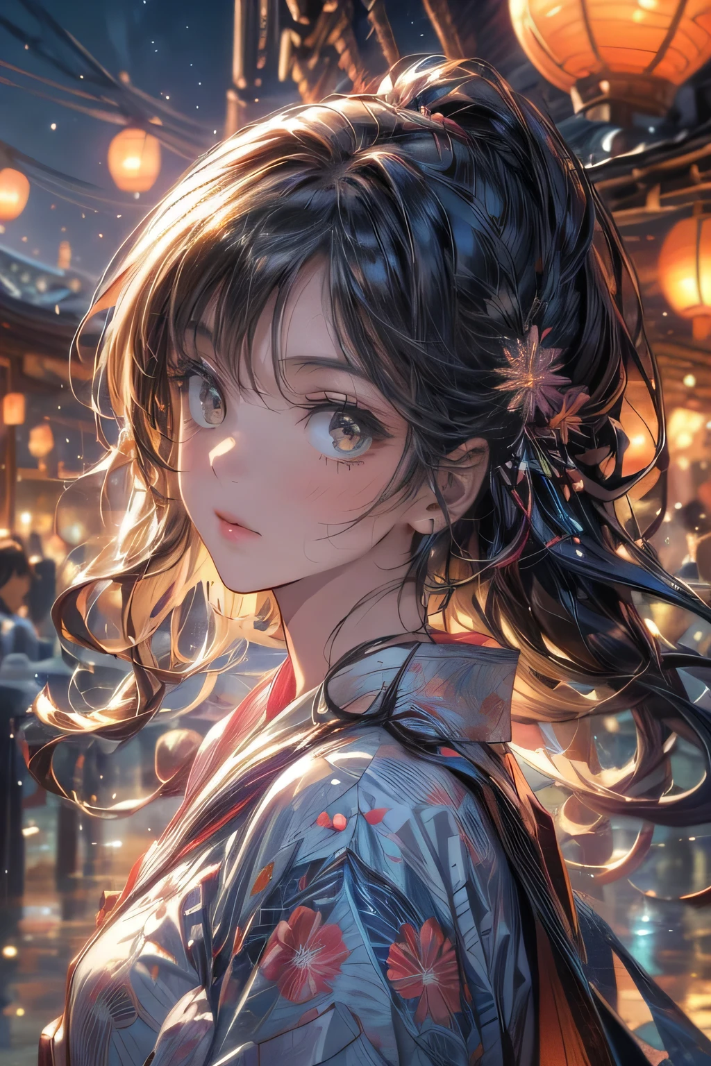 masterpiece:1.2, highest quality,16k,highres,ultra-detailed, ultra-realistic, photo-realistic:1.37, beautiful cute girl looking up at the night sky, flowing yukata, updo, sky-lantern festival, Sky-lanterns, a fantastic sight where countless sky-lanterns decorate the night sky, dark moody atmosphere, night sky, dark tones, floating sky-lanterns, soft lighting, serene, atmospheric, whimsical, dreamlike, magical realism, long flowing hair, through bangs, Beautiful attention to detail, Beautiful lip detail, Highly detailed face, detailed facial features, long eyelash, shining eyes, cute girl