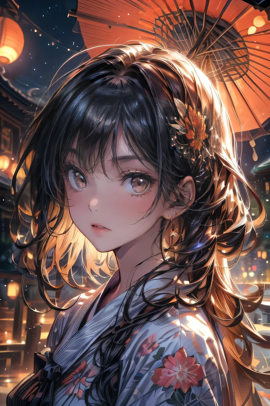masterpiece:1.2, highest quality,16k,highres,ultra-detailed, ultra-realistic, photo-realistic:1.37, beautiful cute girl looking up at the night sky, flowing yukata, updo, sky-lantern festival, Sky-lanterns, a fantastic sight where countless sky-lanterns decorate the night sky, dark moody atmosphere, night sky, dark tones, floating sky-lanterns, soft lighting, serene, atmospheric, whimsical, dreamlike, magical realism, long flowing hair, through bangs, Beautiful attention to detail, Beautiful lip detail, Highly detailed face, detailed facial features, long eyelash, shining eyes, cute girl