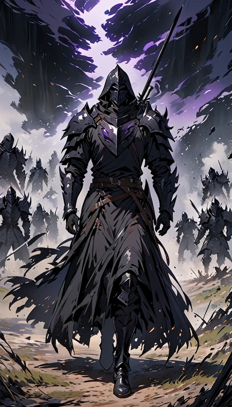 male black shadow ghost knight walking away from a battlefield, shadow, black, knight, ghost knight, full body view, facing front, shadow knight, purple eyes, black smoke, dark