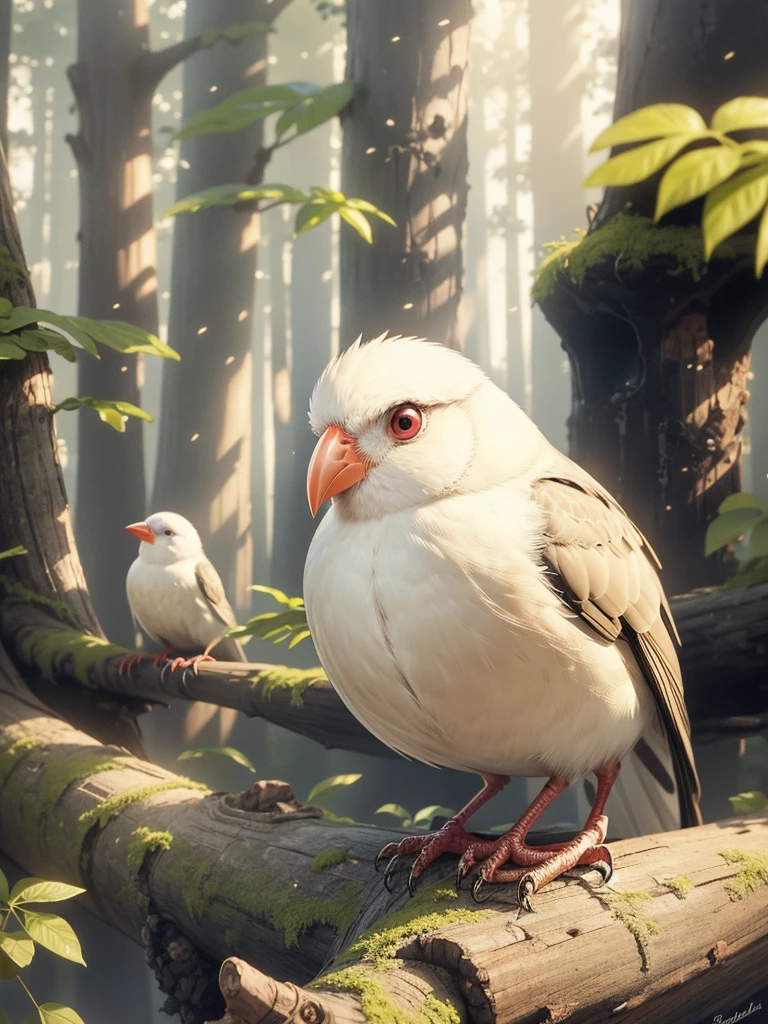 (Highest quality,masterpiece:1.2),Super quality,Red beakを持つアルビノの鳥が木の枝に止まっている,Grasp a thin branch with your feet,Pure white finch:1.5,Pet Birds,slender, Just one,Watching birds, Cheeky look, birb, Pubic Pose, Intense albinism, Looking away from the camera,Sharp red eyes,Pale yellow beak,Red beak,Beautiful beak, in the forest,Sunlight filtering through the trees,Soft, diffused natural light,Dreamy atmosphere,Fantastic color palette