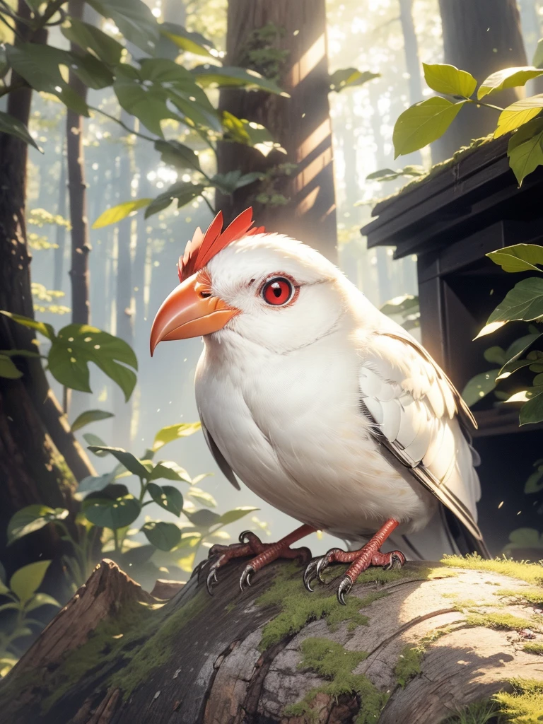 （Highest quality，masterpiece：1.2），Super quality，Red beakを持つアルビノの鳥が木の枝に止まっている，Grasp a thin branch with your feet，Pure white finch：1.5，Pet Birds，slender， Just one，Watching birds,   Cheeky look, birb, Pubic Pose, Intense albinism, Looking away from the camera，Sharp red eyes，Pale yellow beak，Red beak，Beautiful beak， in the forest，Sunlight filtering through the trees，Soft, diffused natural light，Dreamy atmosphere，Fantastic color palette