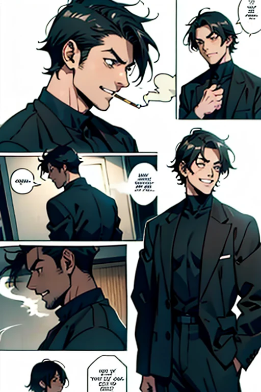 Guy with short black hair smoking and laughing quietly, manga page with panels and dialogue