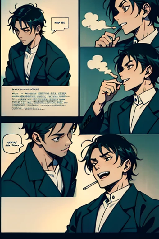 Guy with short black hair smoking and laughing quietly, manga page with panels and dialogue