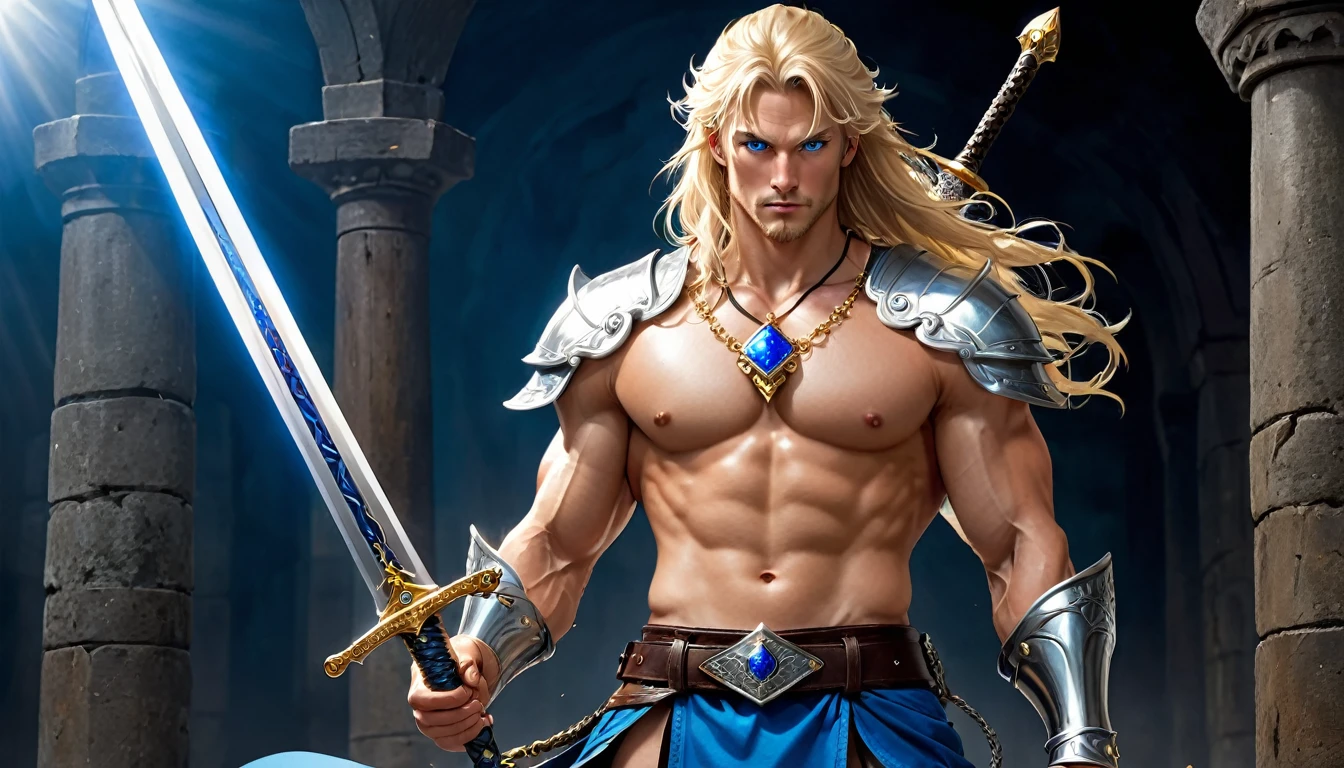 Ax-Battler is just a 30-year-old man, an imposing and fearless Nordic warrior, with a tall stature, an athletic body with very robust and well-defined muscles. Her long, blonde hair falls over her shoulders, giving her a wild and untamed appearance. His blue eyes are piercing, shirtless, he wears blue swim trunks, blue boots, silver bracelets and a gold necklace. On his belt, he carries small talismans and amulets. His countenance is serious. He wields only a long, shining sword. The sword's blade is polished and sharp, reflecting the light with a menacing shine., Training to fight with your sword, Zoom Out, Fantasy, Ultra Realistic Style