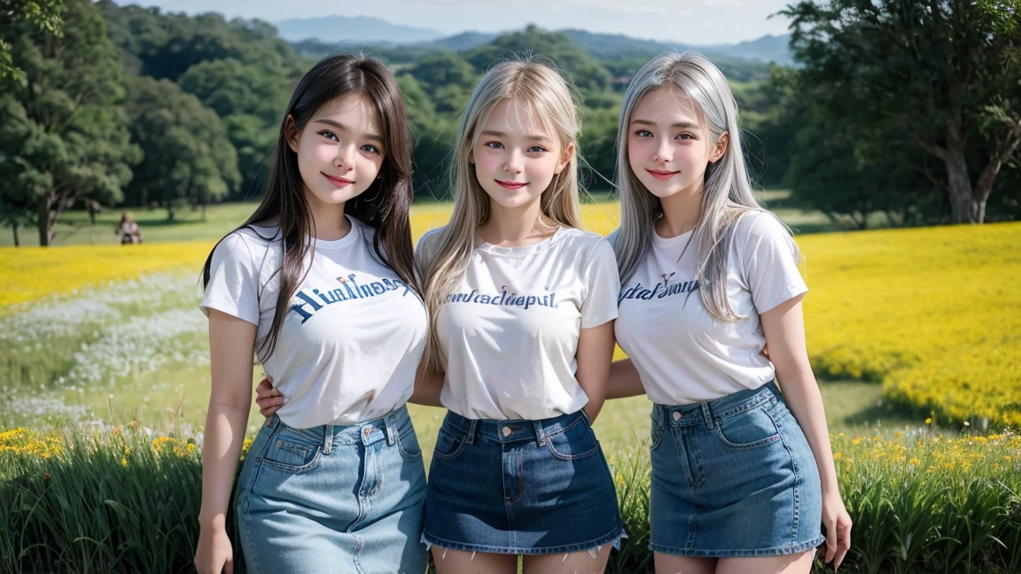 (4 Girls), Indonesian baby face, 12 years, white skin, Round breast, blue eyes, meadow, silver hair,beautiful smile, 8K, The details are very realistic...., The best of photography Wear a jeans skirt....