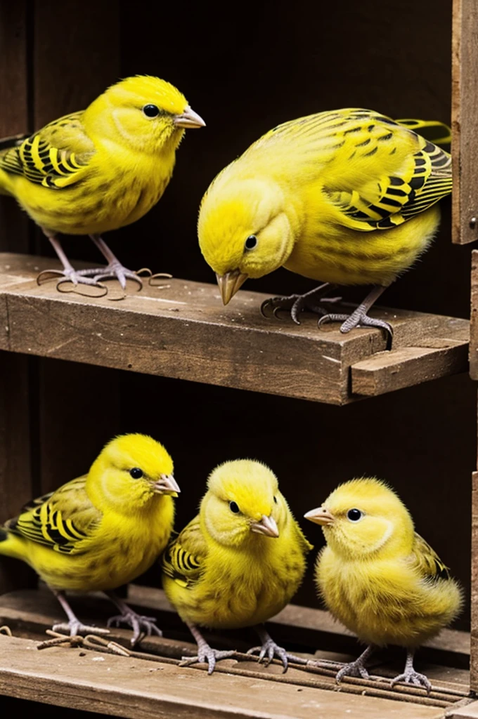 A canary surrounded by chicks