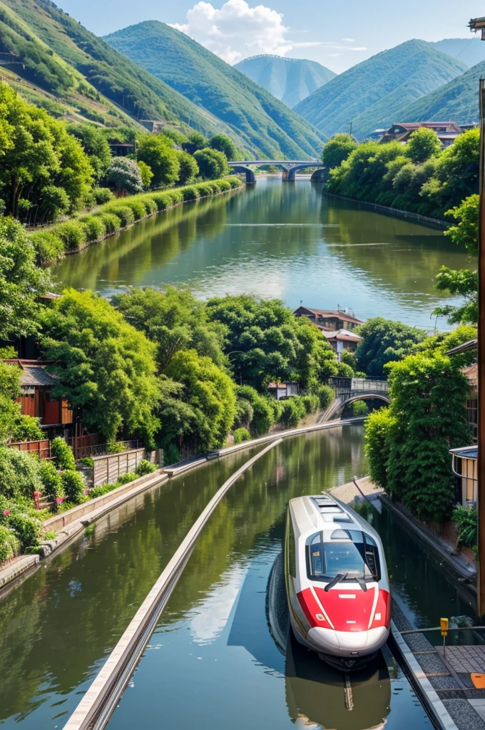 Smart City with bullet train boat river and garden