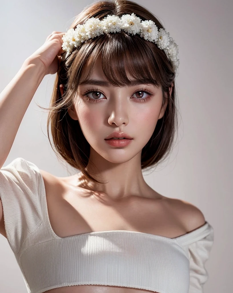 (Best quality, 4k, Masterpiece :1.4), pretty woman, 1girl, sexy :1.1, bangs dark brown hair: 1.1, ultra-detailed face, detailed lips, detailed eyes, double eyelid, in the dark, deep shadow, low key, cold light, (Best quality, 4k, Masterpiece :1.4), pretty woman, sexy :1.1, dark brown hair: 1.1, ultra-detailed face, detailed lips, detailed eyes, double eyelid, ((white tops:1.4)),